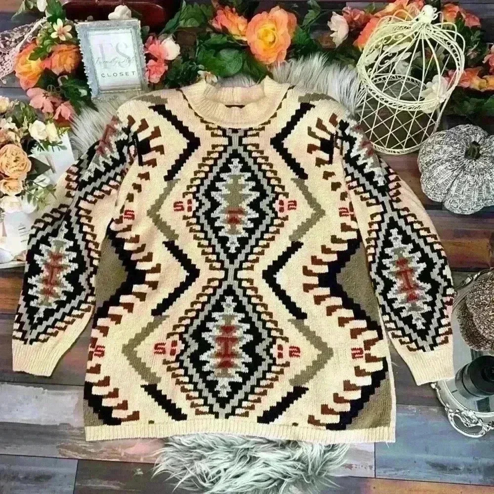 Vintage Southwestern Color Aztec Print Mock Neck Shoulder Pad Sweater, 2X